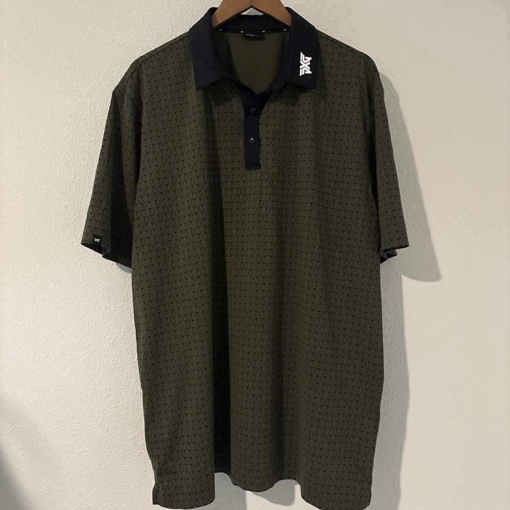 PXG Mens Golf Shirt Size XL Short Sleeve Pullover Polo Snap Olive Casual Luxe